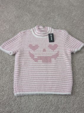 NWT Hot Topic Pink White Stripe Pumpkin Face Knit Sweater Shirt Medium